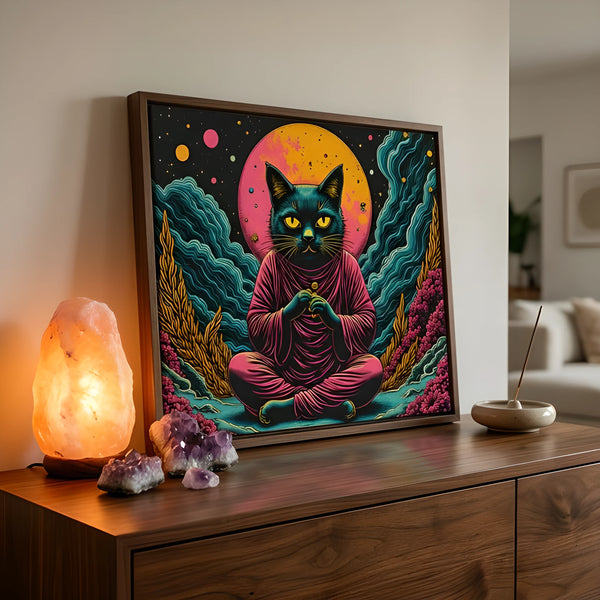Neon Noir Meditating Black Cat Canvas - 