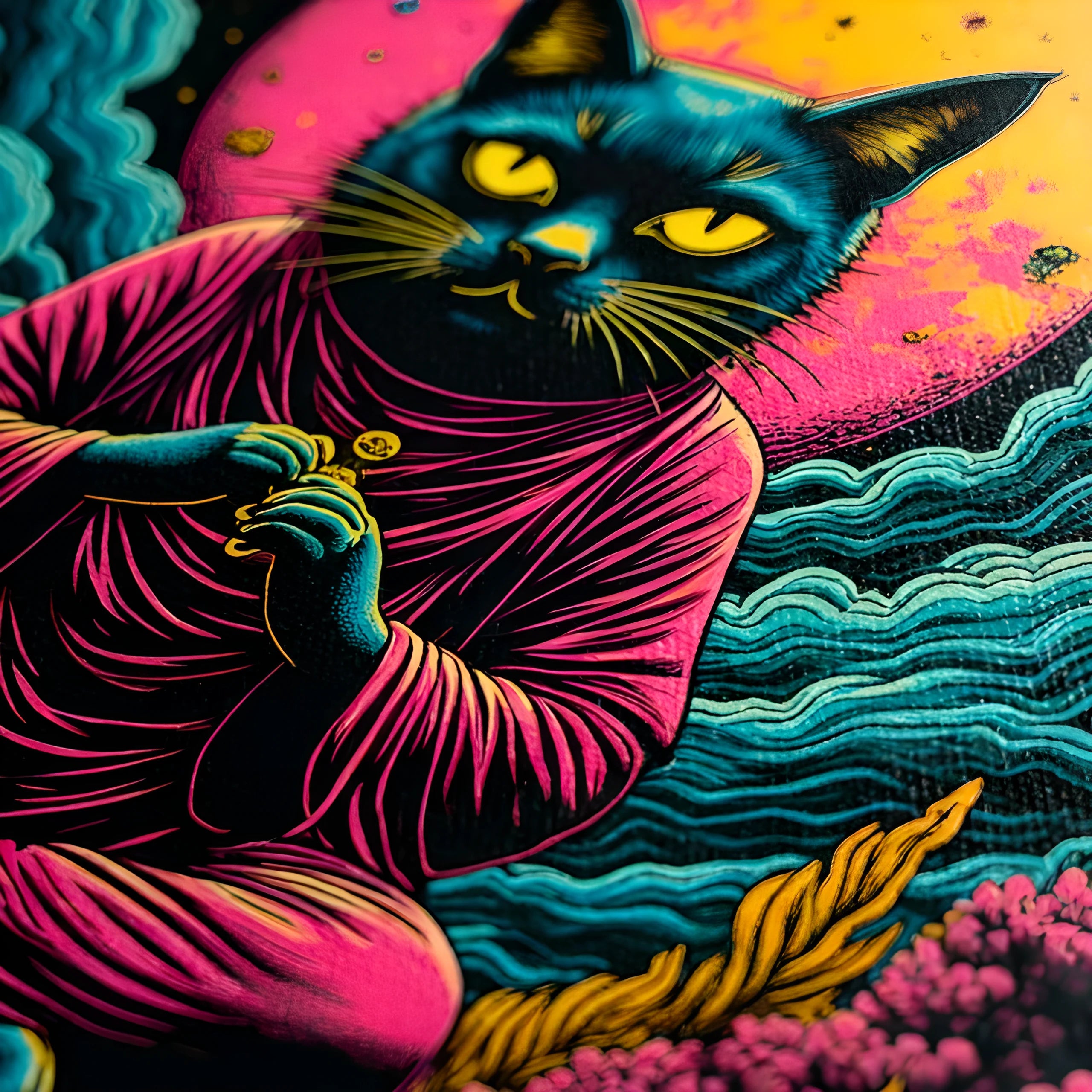 Neon Noir Meditating Black Cat Canvas - "The Cosmic Zen Sanctuary"