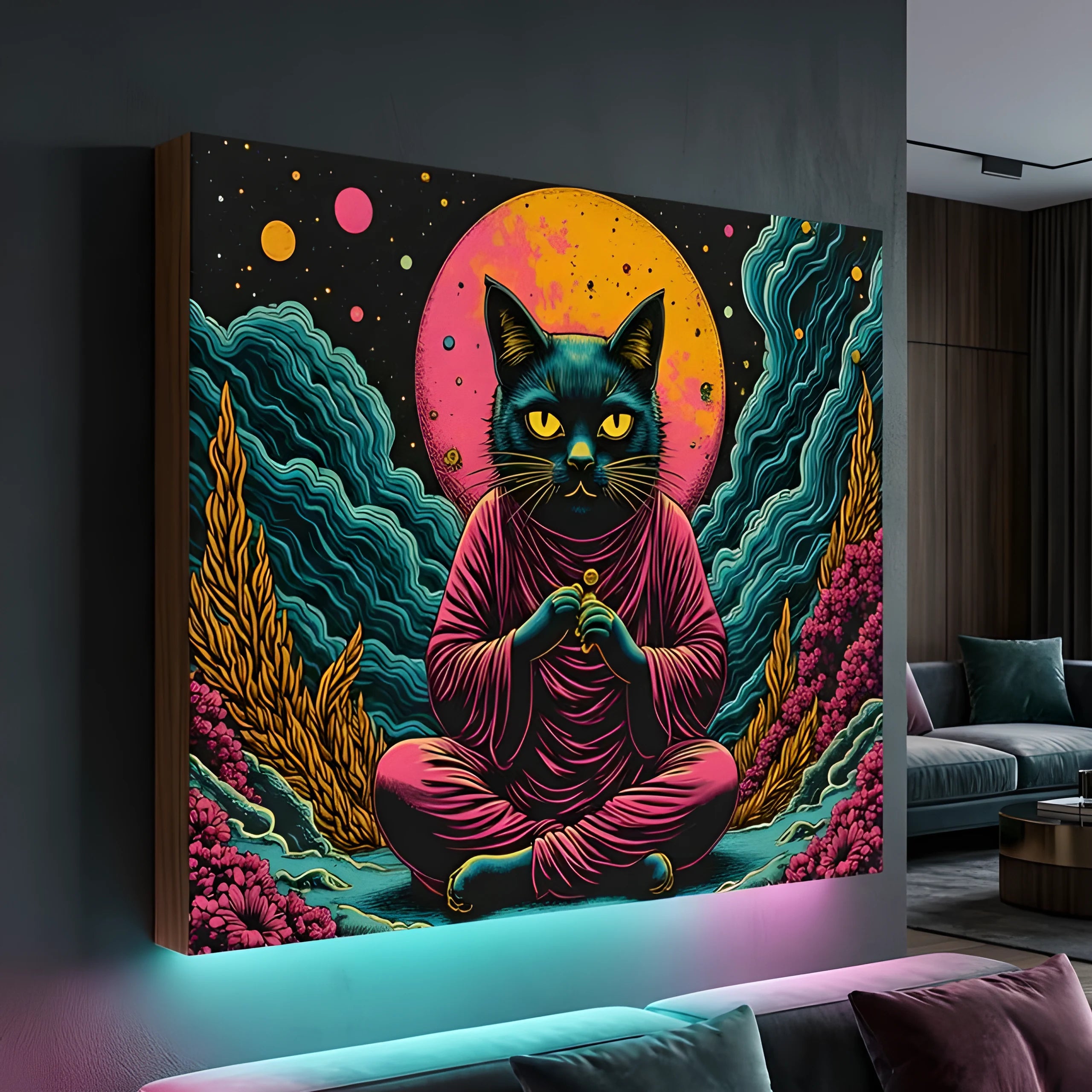 Neon Noir Meditating Black Cat Canvas - "The Cosmic Zen Sanctuary"