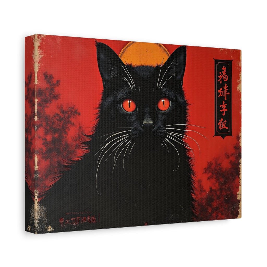 Black Cat Wall Art Canvas — Red Mystic Cat Portrait with Chinese Script