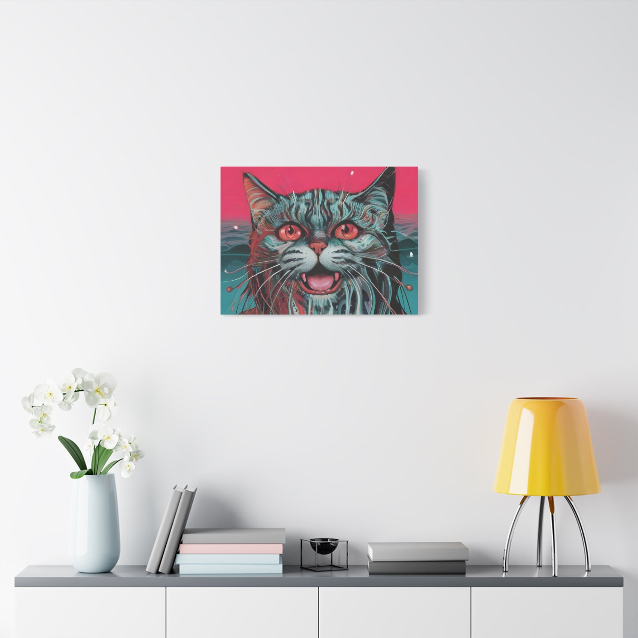 Neon Wain Cat Canvas – Psychedelic Feline Portrait Wall Art