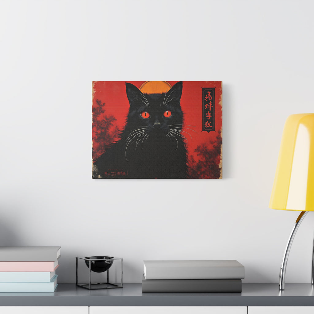 Black Cat Wall Art Canvas — Red Mystic Cat Portrait with Chinese Script