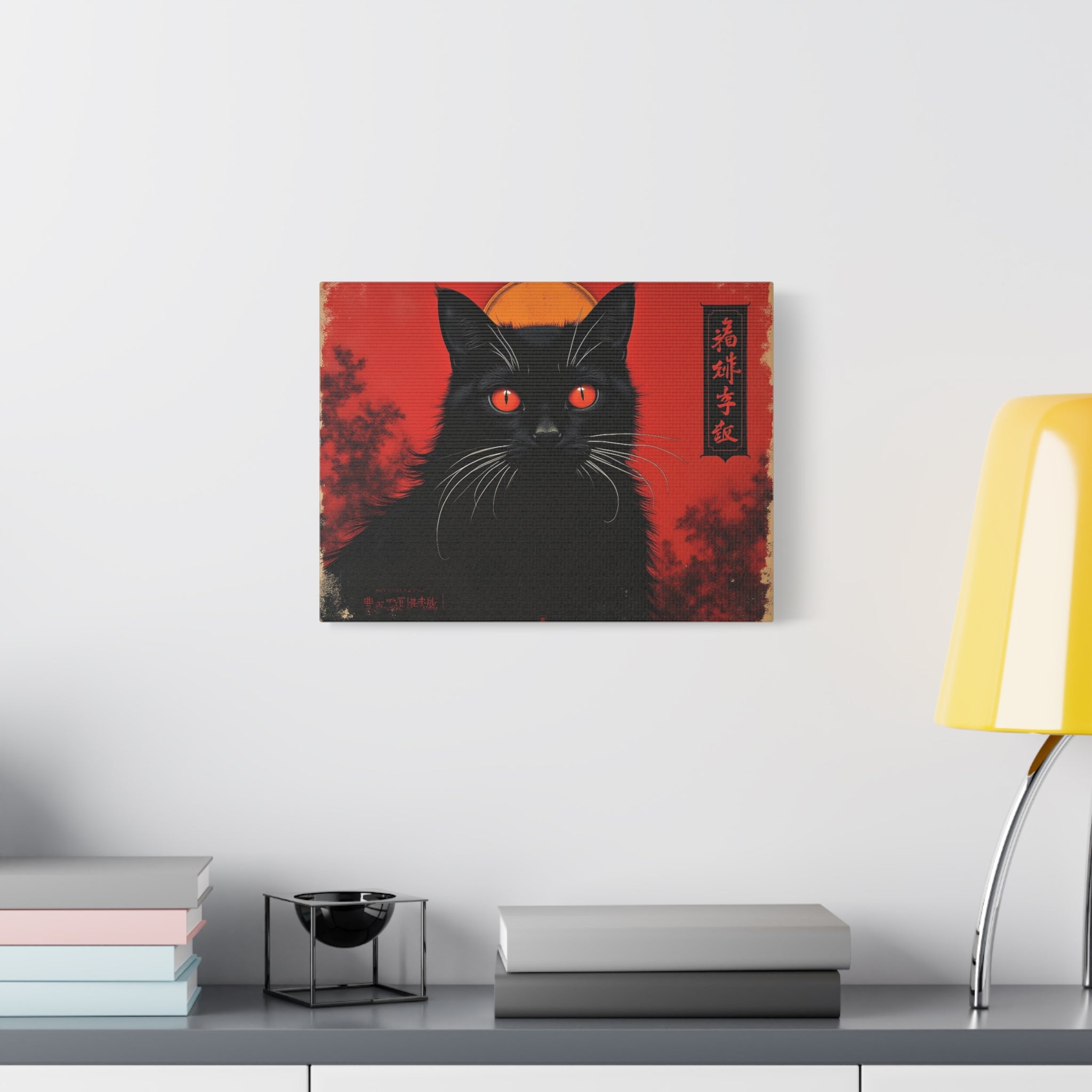 Black Cat Wall Art Canvas — Red Mystic Cat Portrait with Chinese Script