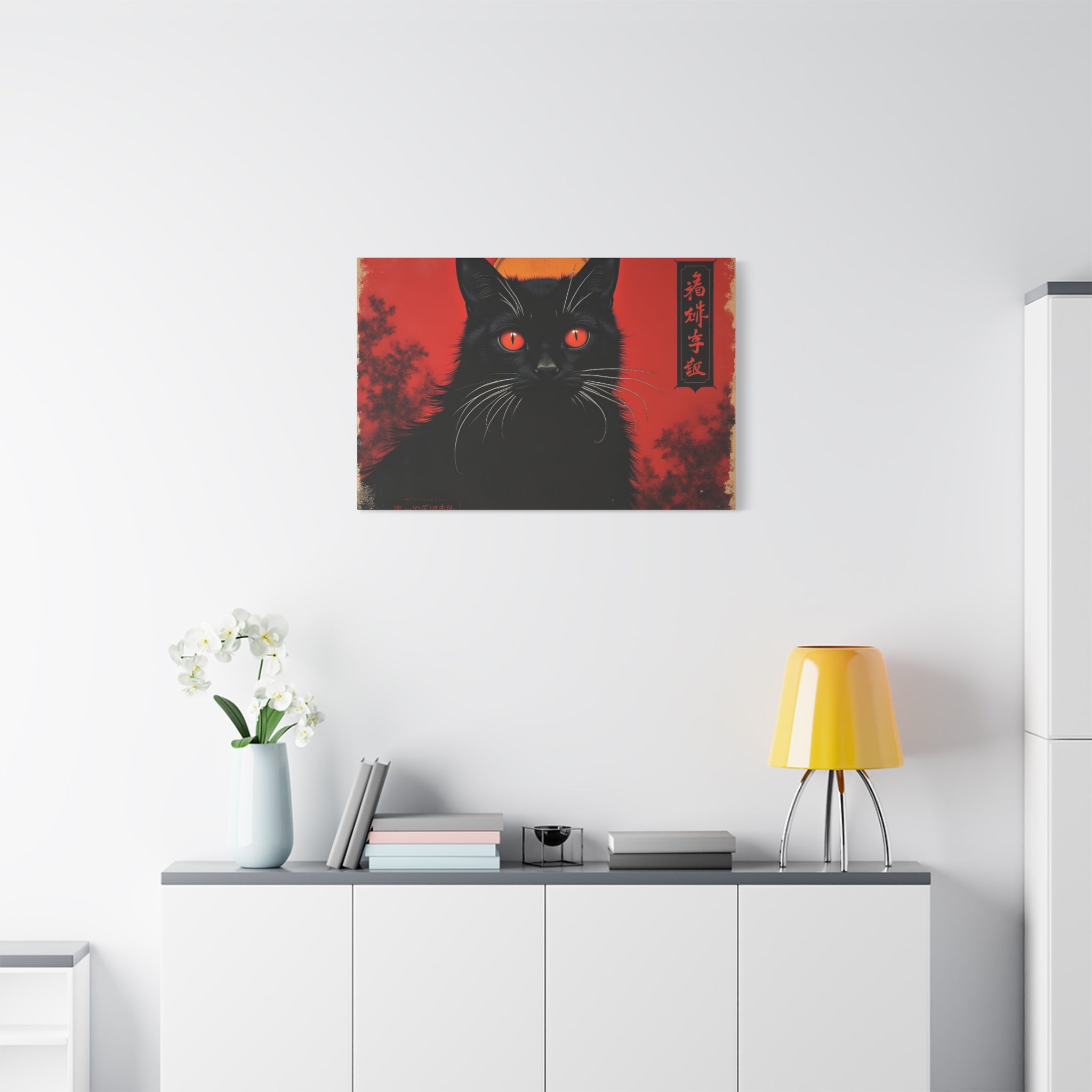 Black Cat Wall Art Canvas — Red Mystic Cat Portrait with Chinese Script