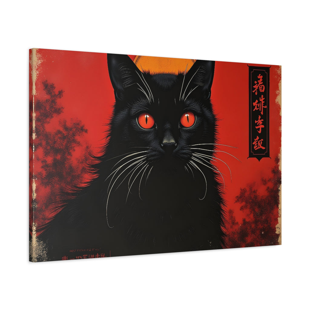 Black Cat Wall Art Canvas — Red Mystic Cat Portrait with Chinese Script