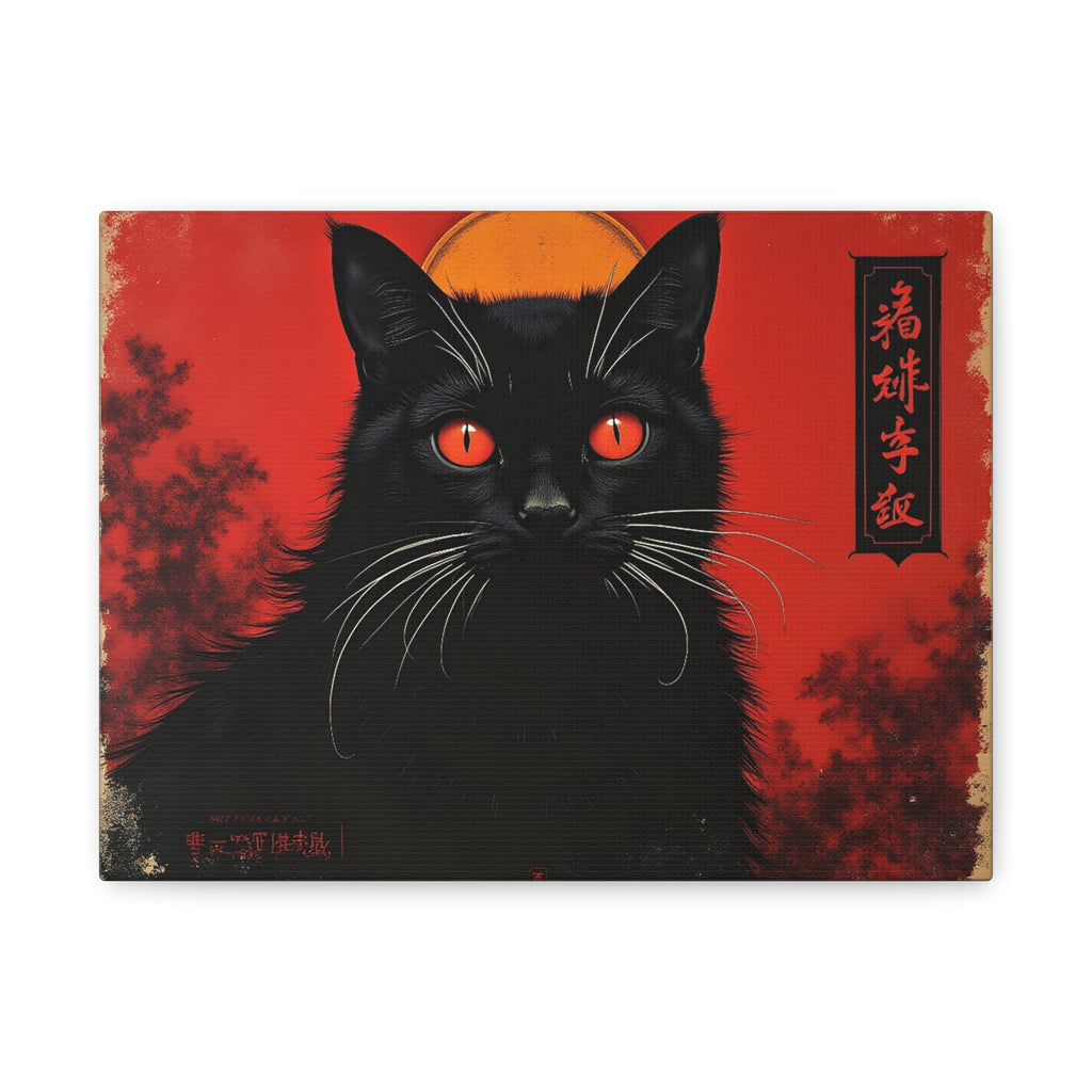 Black Cat Wall Art Canvas — Red Mystic Cat Portrait with Chinese Script