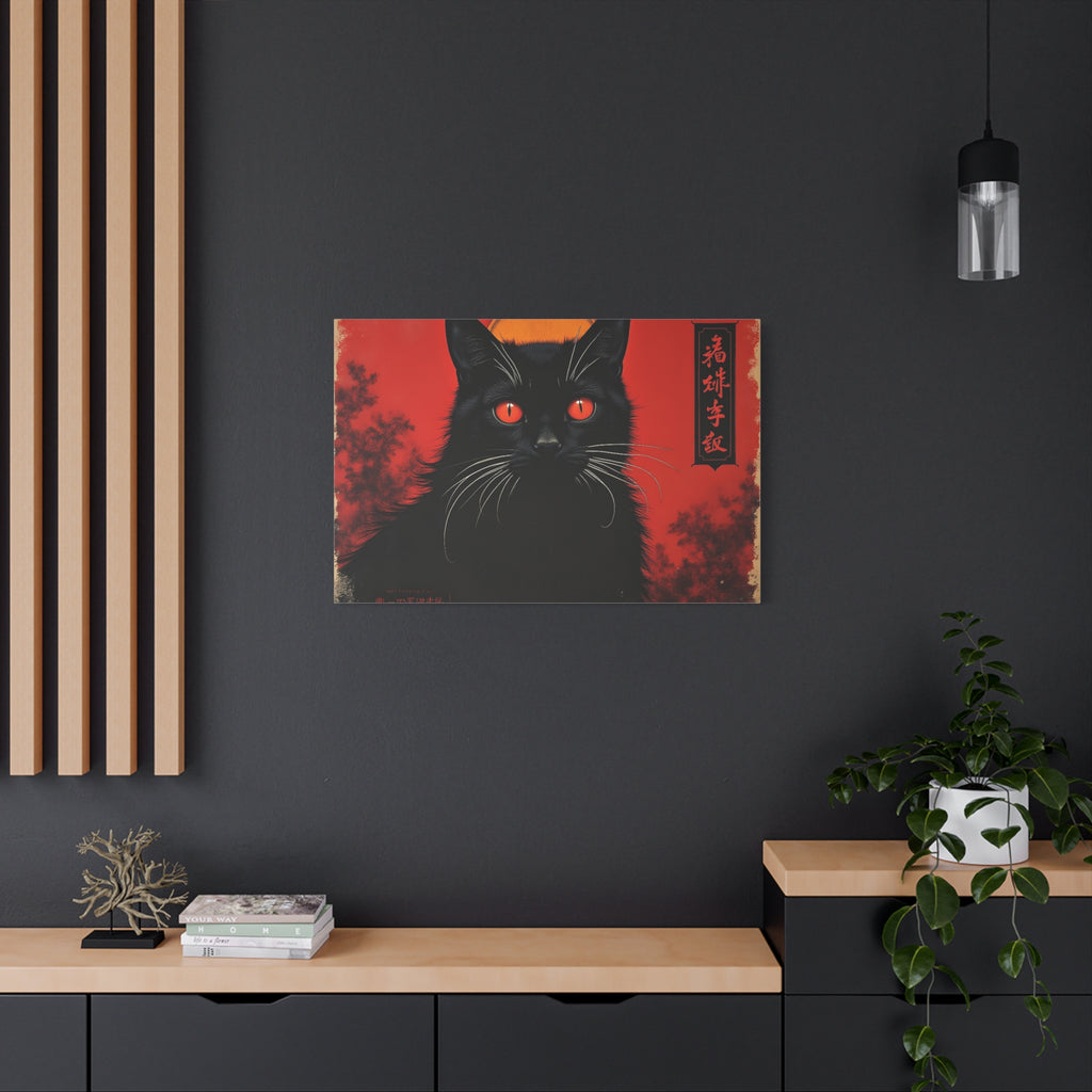 Black Cat Wall Art Canvas — Red Mystic Cat Portrait with Chinese Script