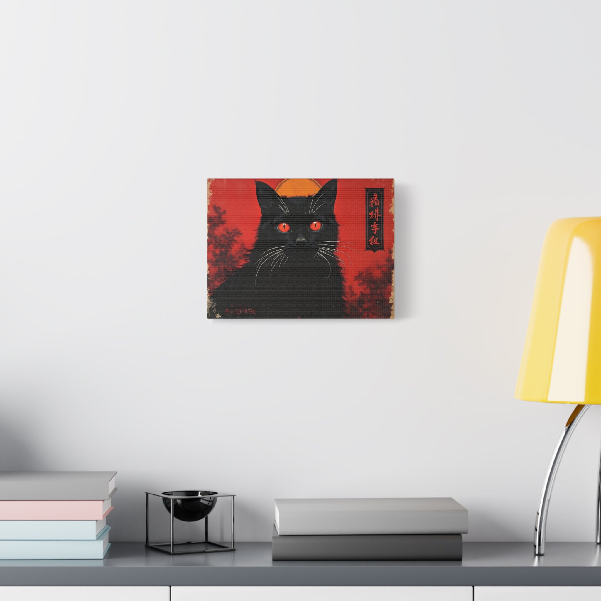Black Cat Wall Art Canvas — Red Mystic Cat Portrait with Chinese Script