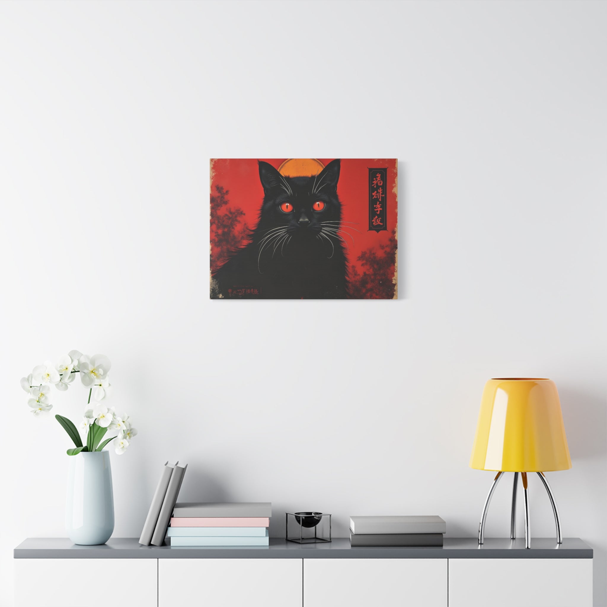 Black Cat Wall Art Canvas — Red Mystic Cat Portrait with Chinese Script