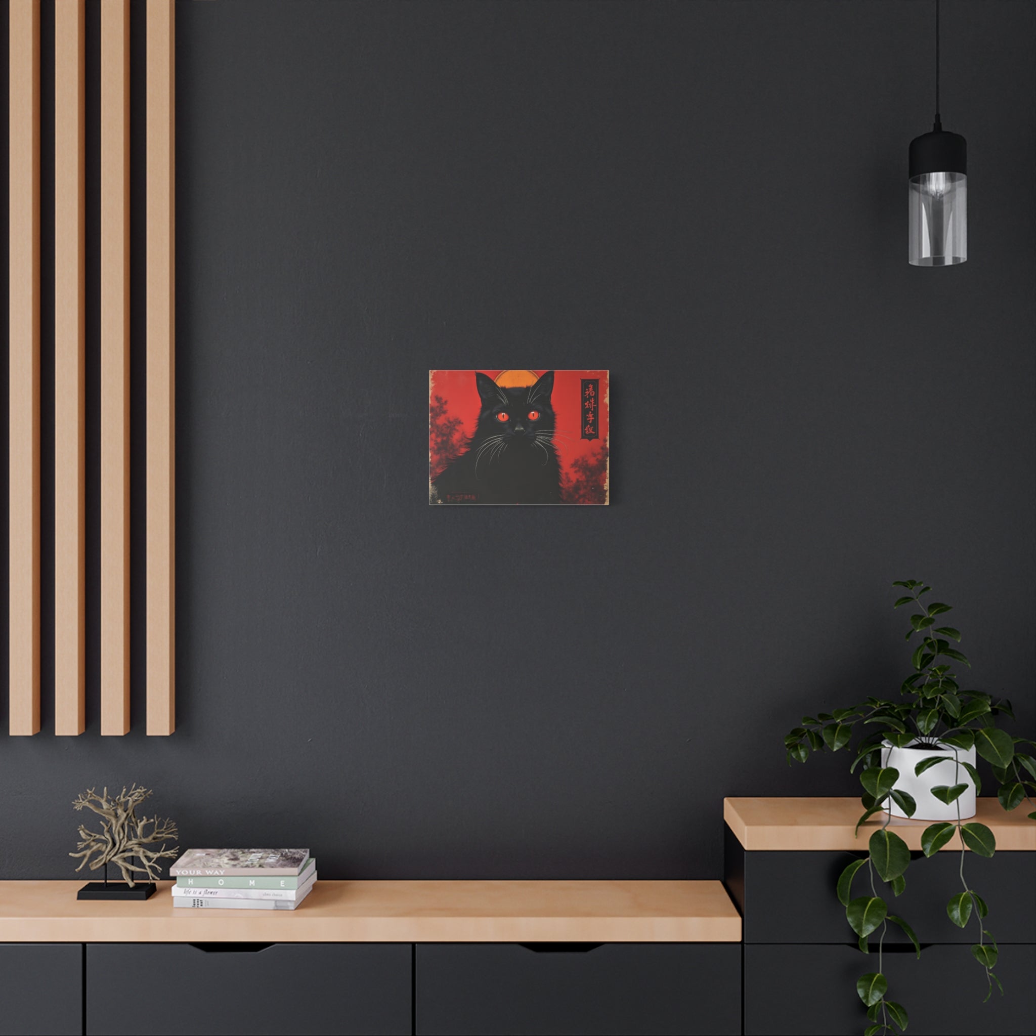 Black Cat Wall Art Canvas — Red Mystic Cat Portrait with Chinese Script